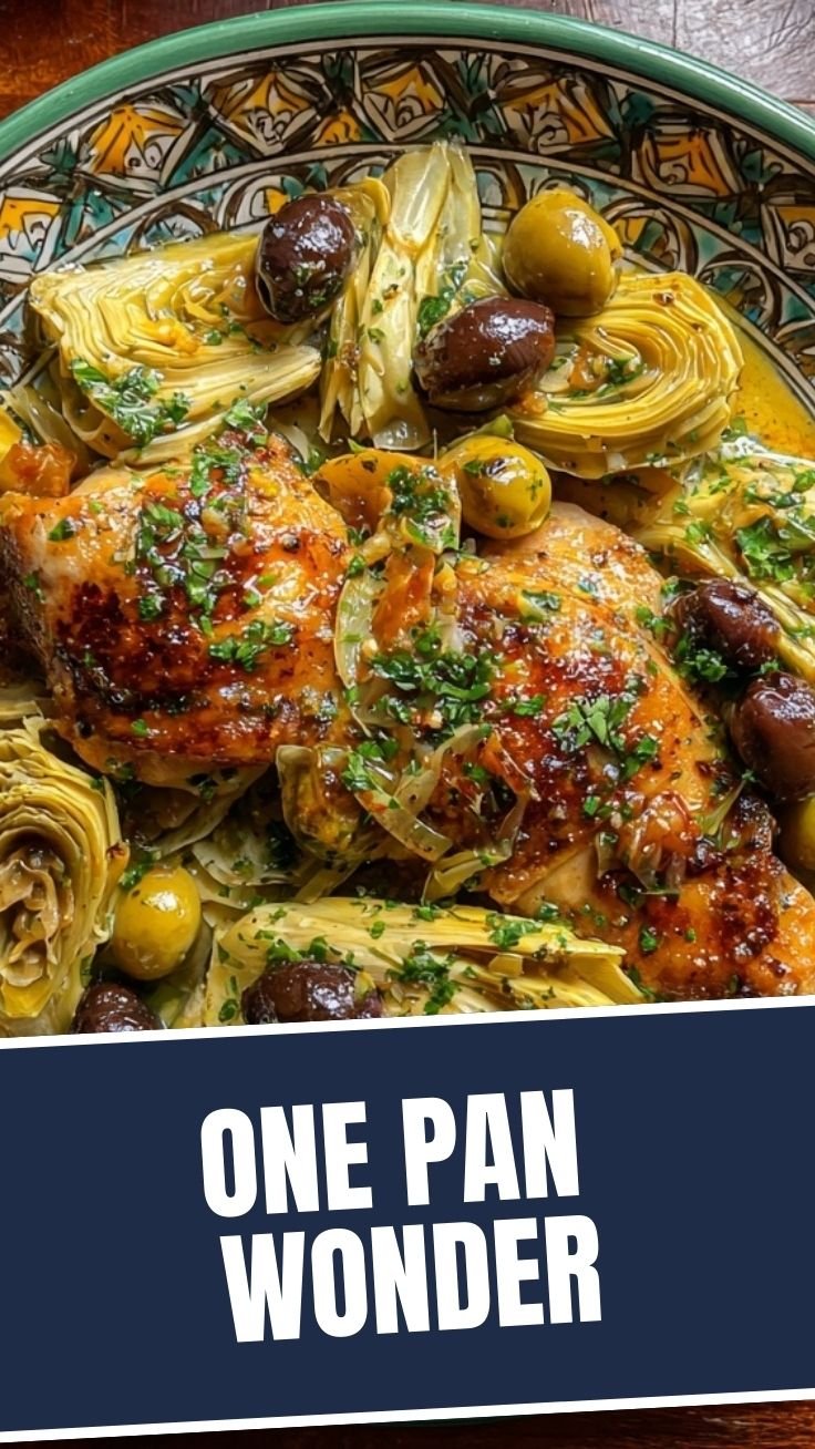 Chicken with artichokes and olives in a rustic setting