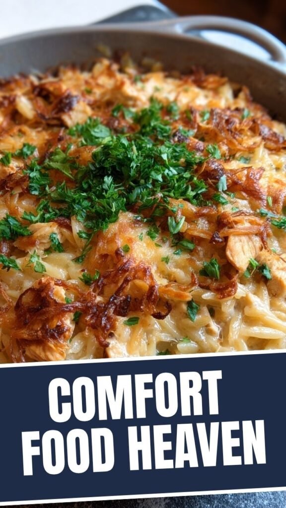 A delectable chicken orzo casserole, baked to golden perfection