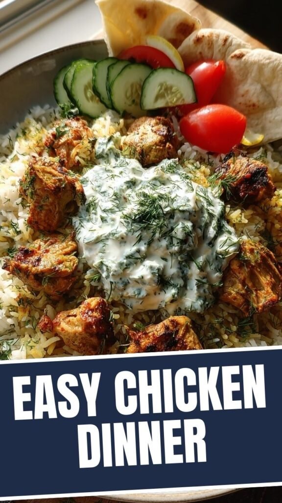 A plate of savory chicken tzatziki rice garnished with fresh herbs