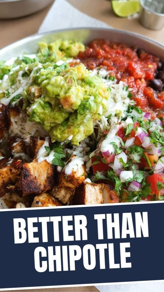 A vibrant chipotle burrito bowl overflowing with fresh ingredients like rice, beans, corn, and salsa.