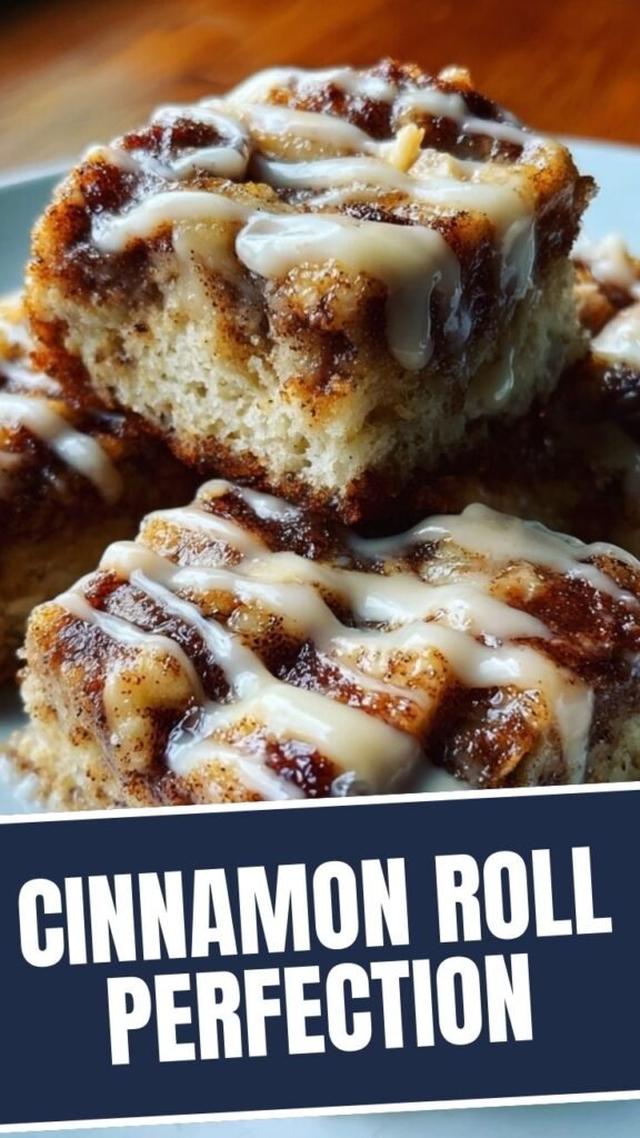 A close-up of a tray of freshly baked cinnamon roll bliss bars with white icing.