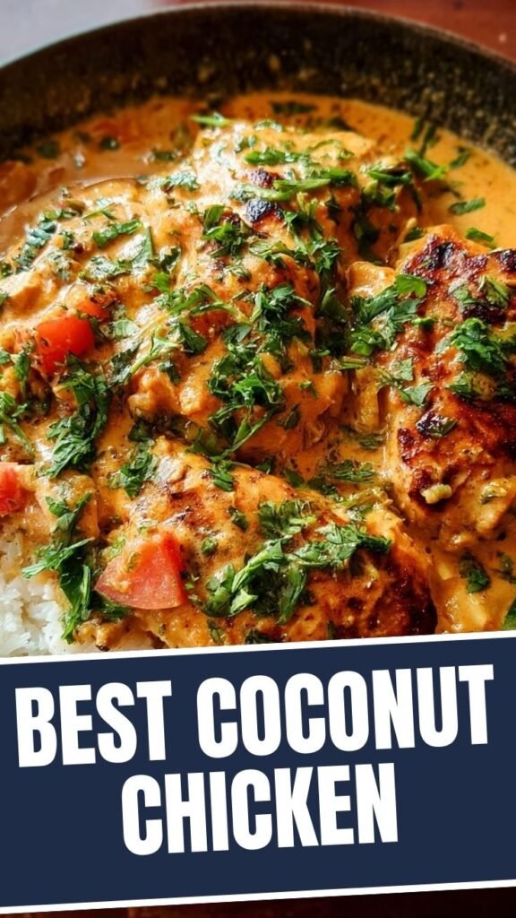 A bowl of savory coconut milk chicken, garnished lightly.