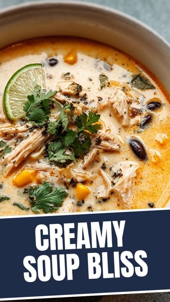 A steaming bowl of creamy chicken soup garnished with fresh herbs.