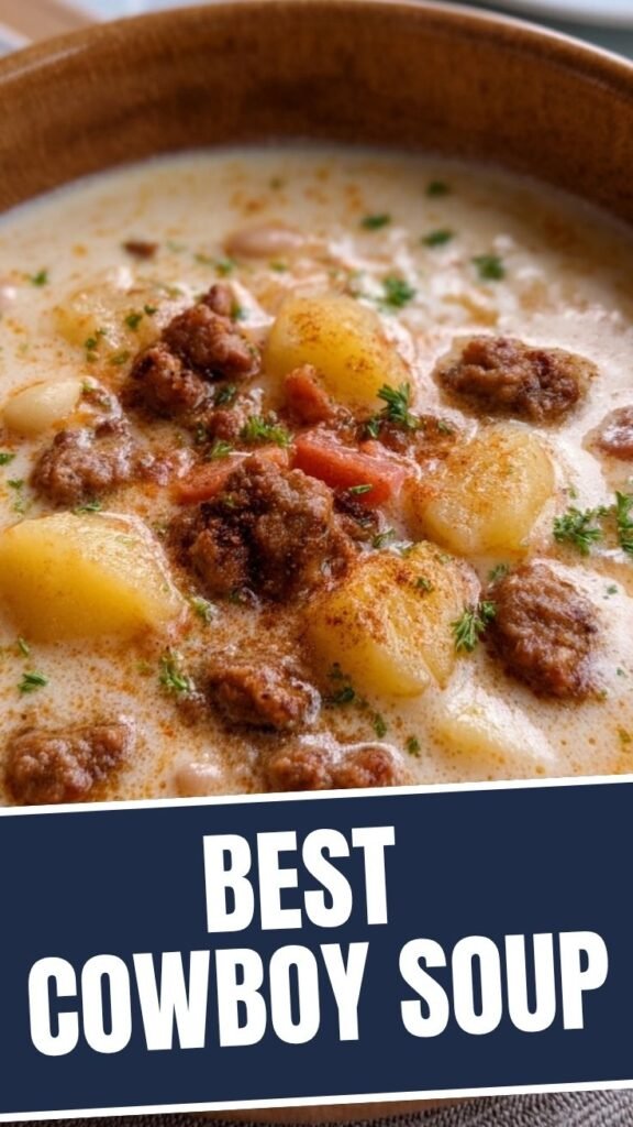 A bowl of rich creamy cowboy soup, steaming hot and ready to eat