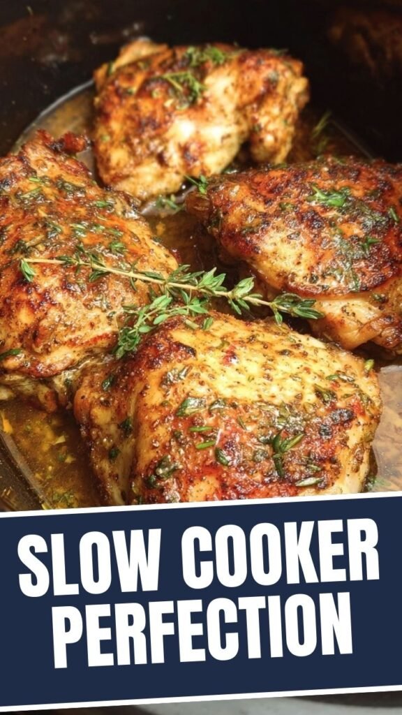 Cooked Crockpot chicken thighs in a slow cooker.
