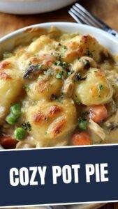 A steaming Gnocchi Chicken Pot Pie with a golden-brown gnocchi topping