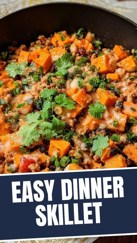 Close-up of ground turkey and sweet potato, seasoned and cooked
