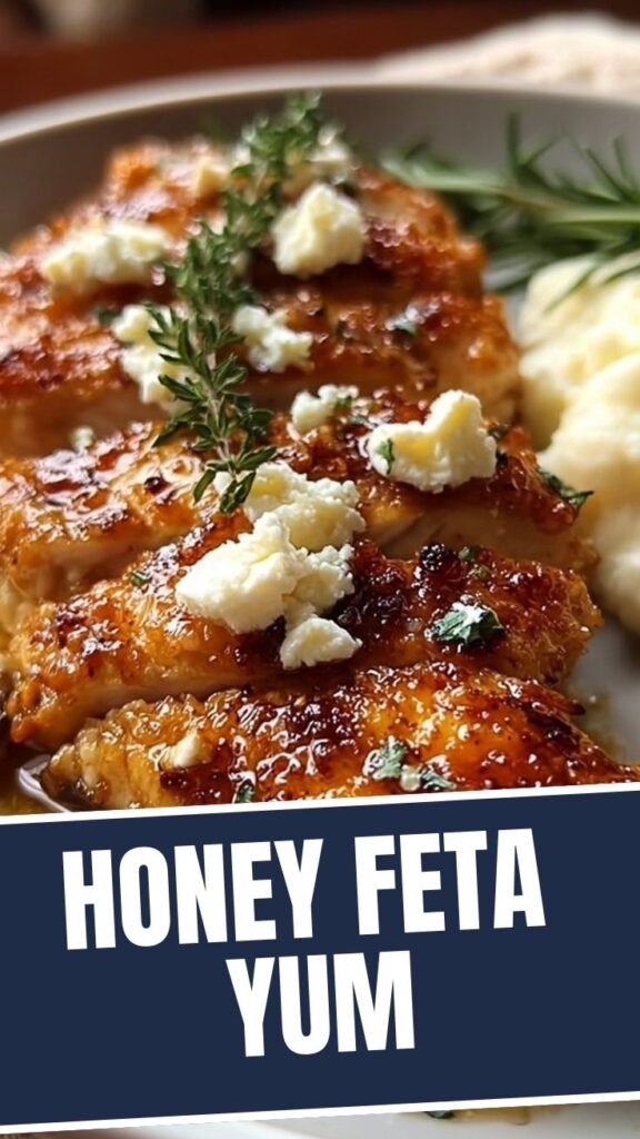 A close-up shot of pan-seared honey feta chicken, garnished with fresh herbs.