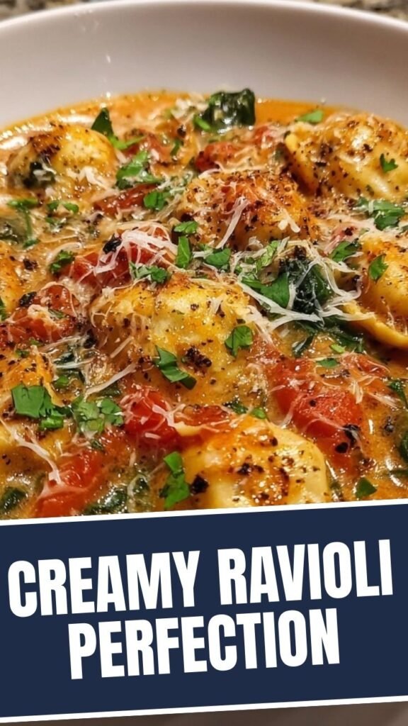 A serving of Italian Tuscan Ravioli Soup in a rustic bowl.