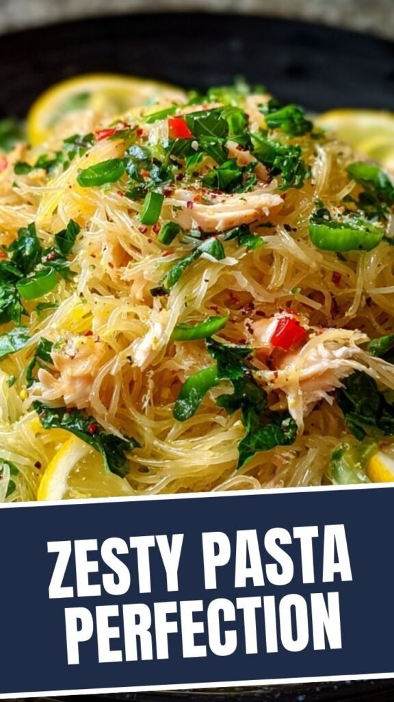 A vibrant lemon capellini salad, tossed with fresh herbs and vegetables.