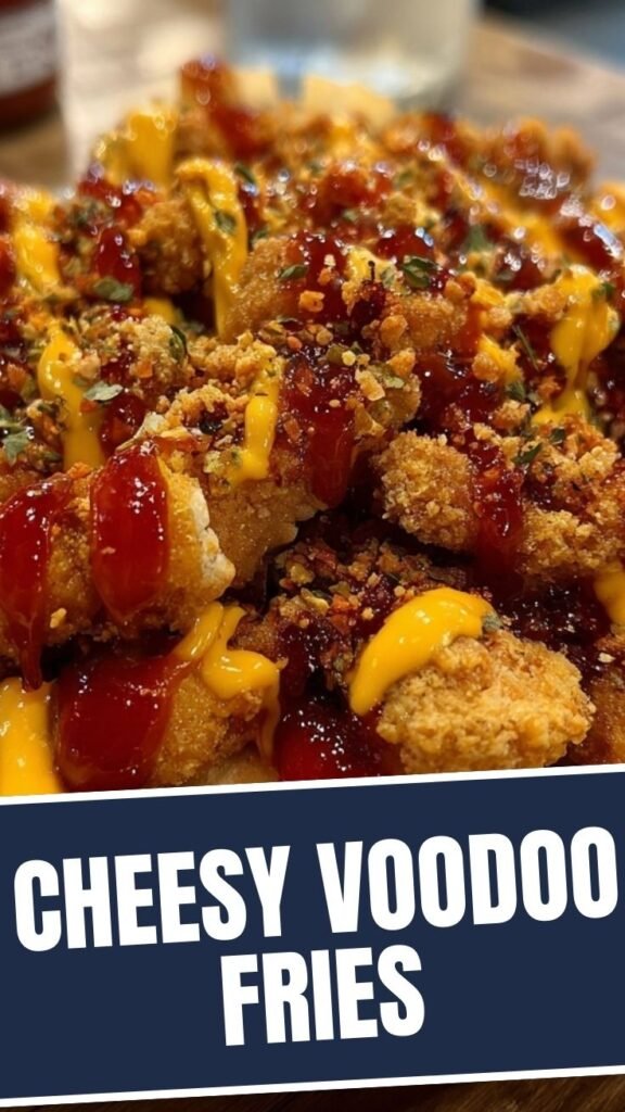 A plate stacked high with Louisiana Voodoo Fries, drizzled with unique sauces and toppings.