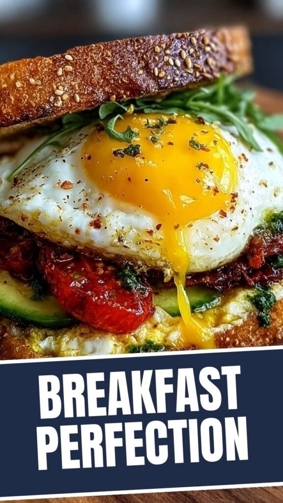 A vibrant Mediterranean breakfast sandwich on a white plate, showcasing fresh ingredients.