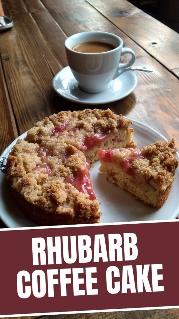 Close-up of a freshly baked rhubarb coffee cake with streusel topping.