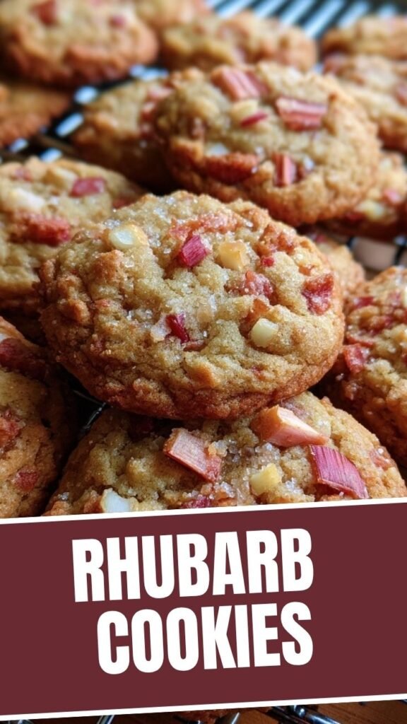A close-up of freshly baked rhubarb cookies on a cooling rack.