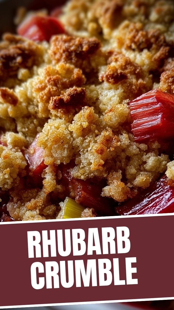 Rhubarb crisp in ceramic dish