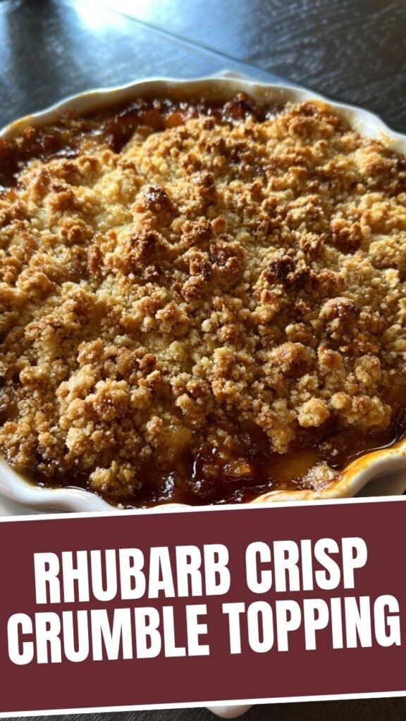 Close-up of a rhubarb crisp with a golden crumble topping, fresh from the oven.