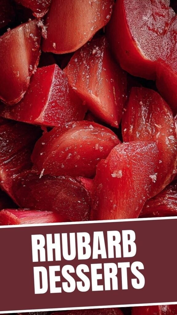 A variety of artfully prepared rhubarb desserts on a rustic wooden table
