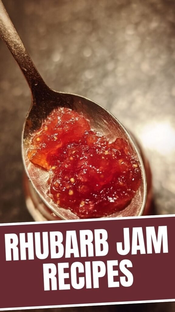 A collection of rhubarb jam recipes displayed on a rustic kitchen counter.