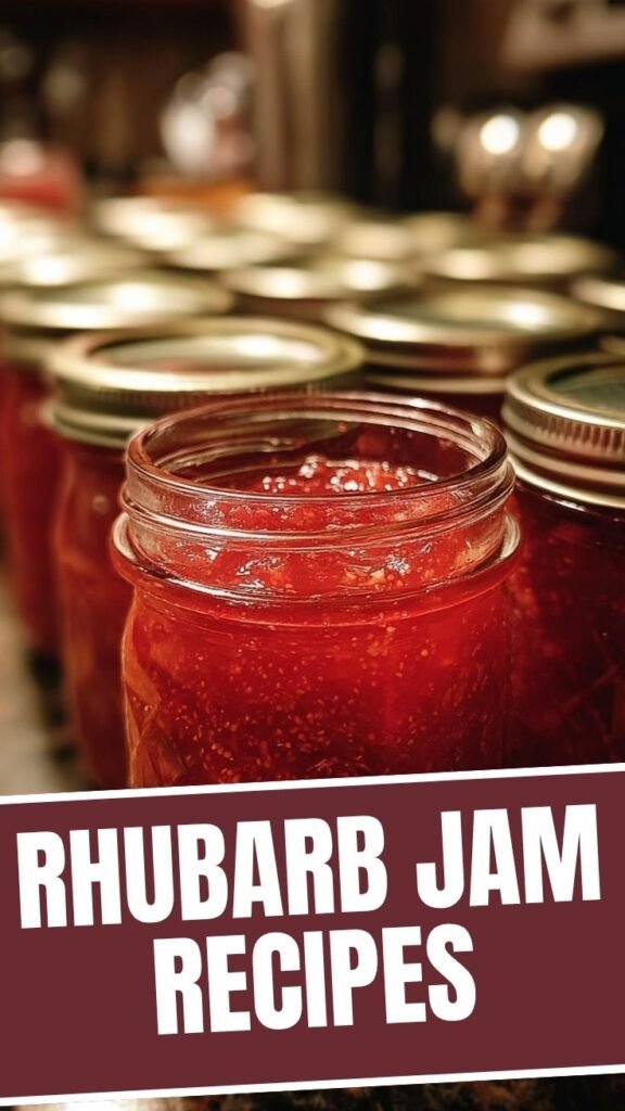 A vibrant jar of homemade rhubarb jam with fresh rhubarb stalks in the background