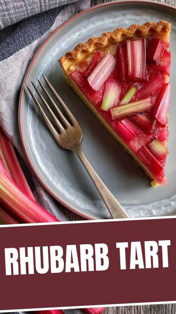 A freshly baked rhubarb tart with a golden crust and vibrant red rhubarb filling.