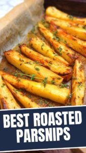 Close-up photo of perfectly roasted parsnips with fresh thyme sprigs garnishing the dish