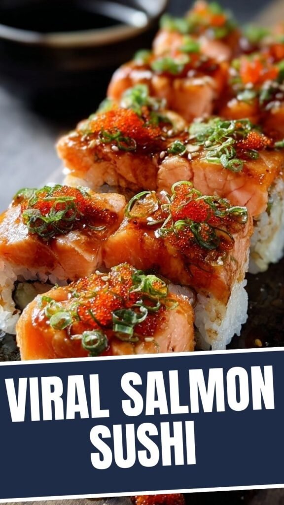 A platter of spicy salmon sushi rolls, beautifully arranged for serving.