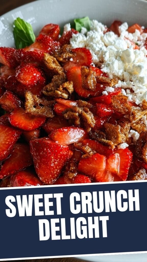 A vibrant strawberry crackle salad in a large serving bowl, featuring fresh strawberries, greens, and crunchy toppings.