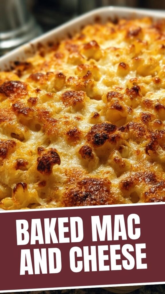 A golden-brown casserole dish filled with baked mac and cheese, ready to serve