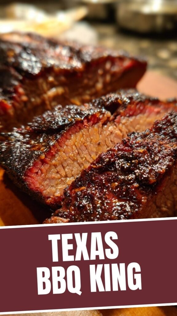 A juicy, sliced BBQ brisket with a perfect smoke ring and charred bark