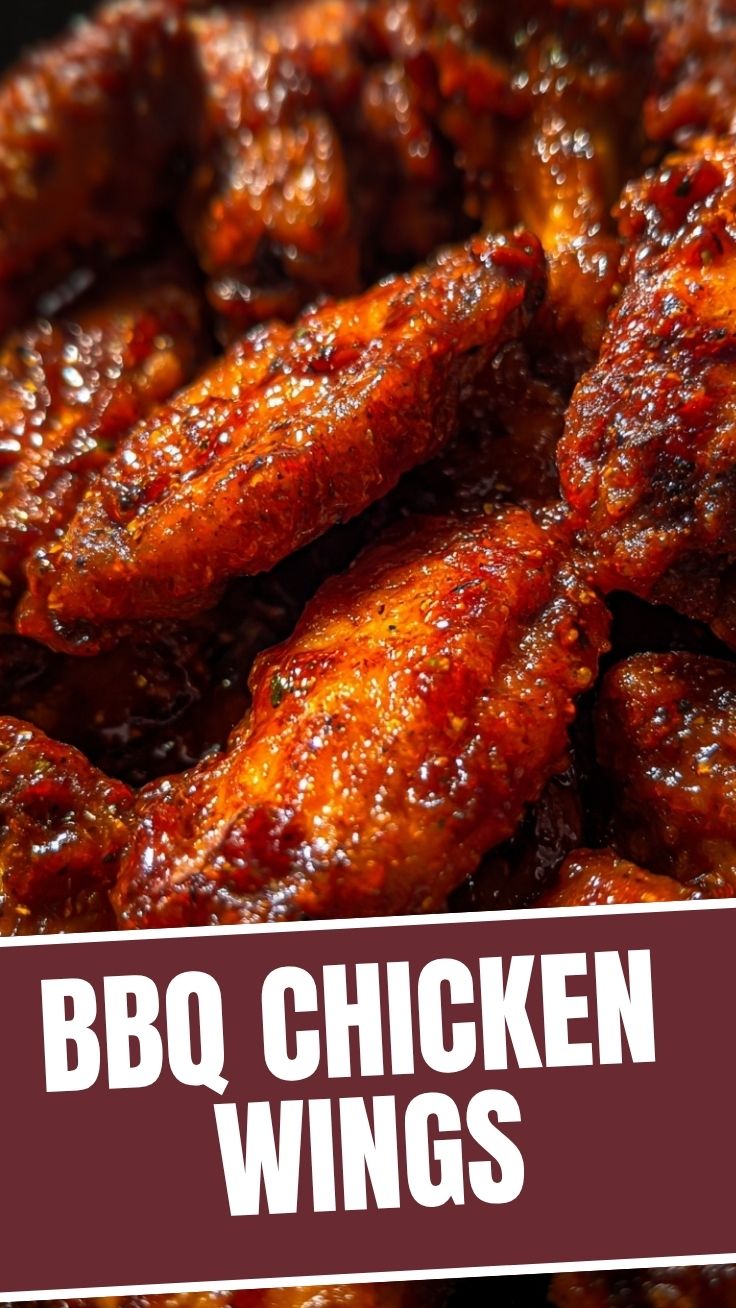 A plate of perfectly glazed BBQ chicken wings, glistening with sauce.