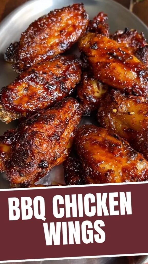 Close-up of perfectly grilled BBQ chicken wings with a smoky char on a platter.