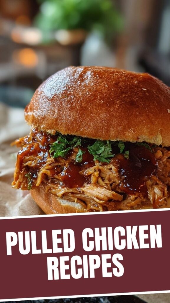 A delicious BBQ pulled chicken sandwich with coleslaw and pickles.
