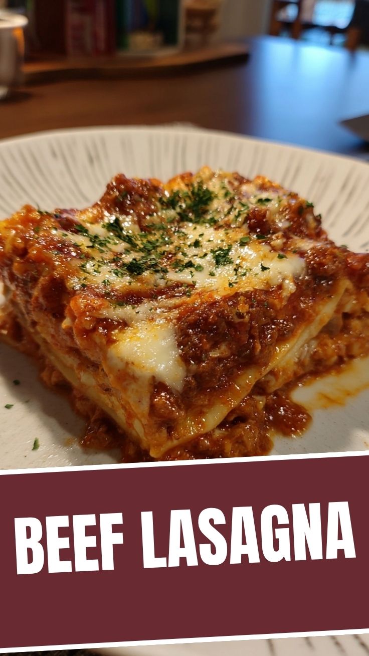 A hot dish of beef lasagna with melted cheese on top
