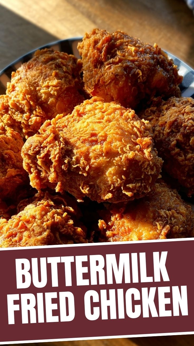 Golden brown buttermilk fried chicken pieces, perfectly crispy.