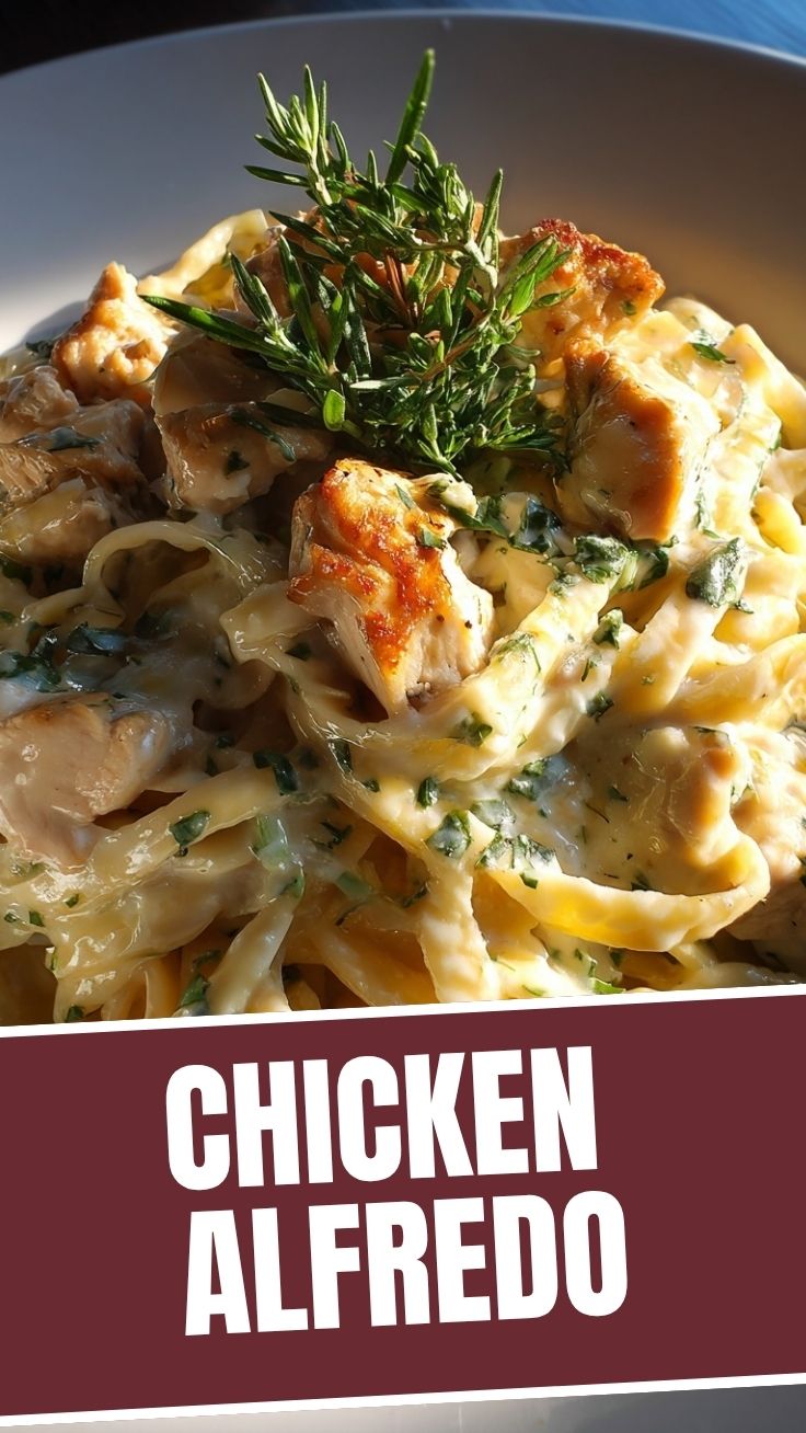 A dish of rich and savory chicken alfredo with pasta and garnish