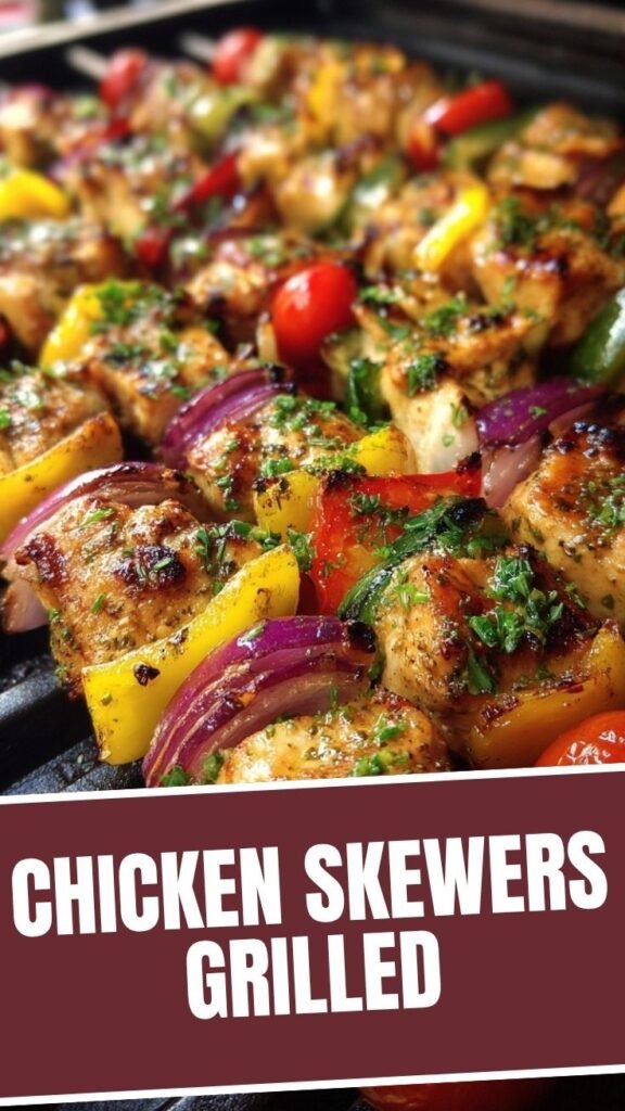 Savory chicken skewers grilled to perfection with visible char marks.