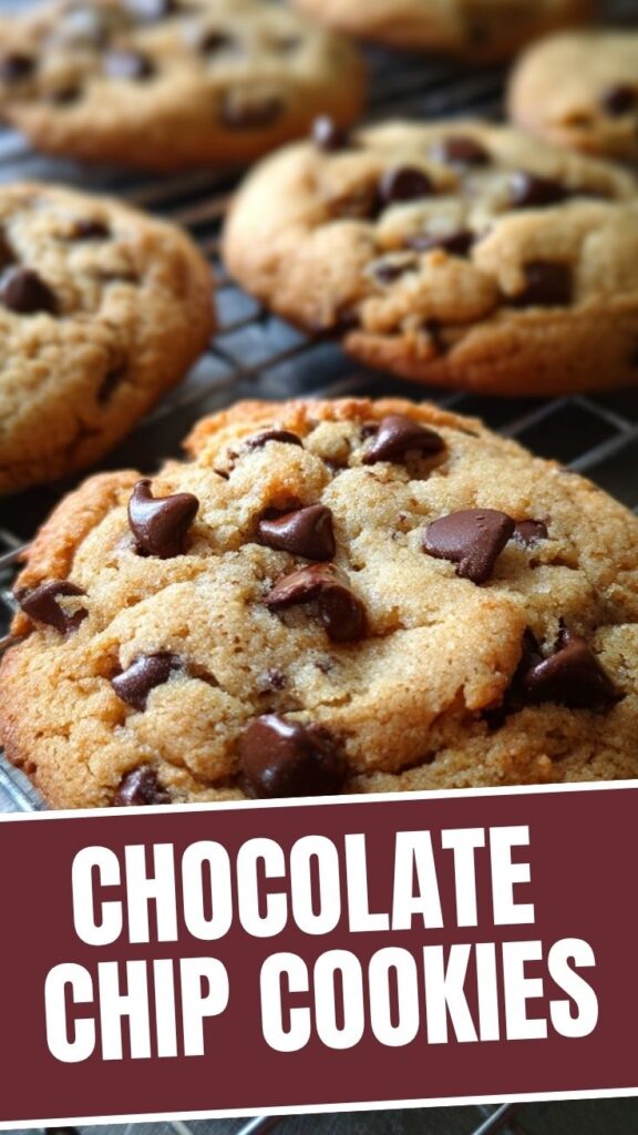 Freshly baked chocolate chip cookies on a wire cooling rack