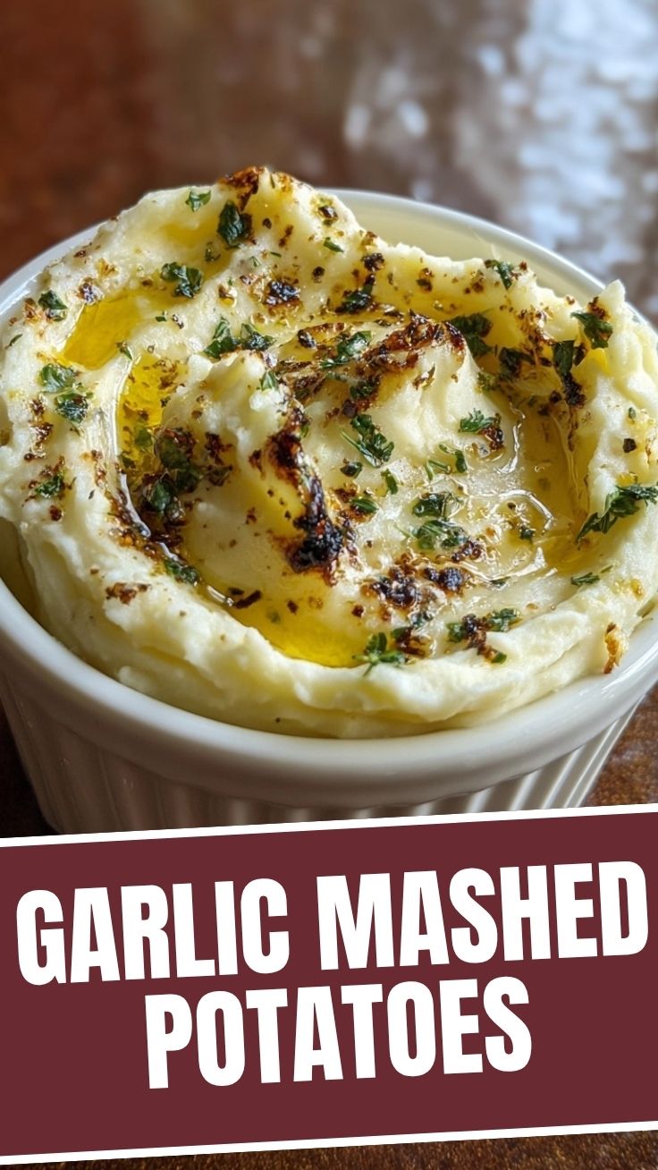 Close-up of fluffy garlic mashed potatoes in a white bowl
