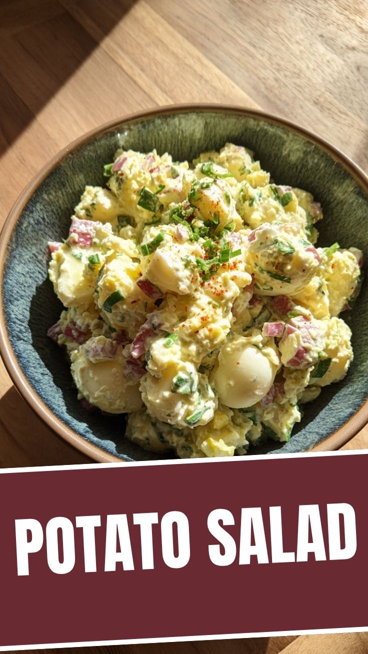 A bowl of creamy potato salad with herbs and seasoning.