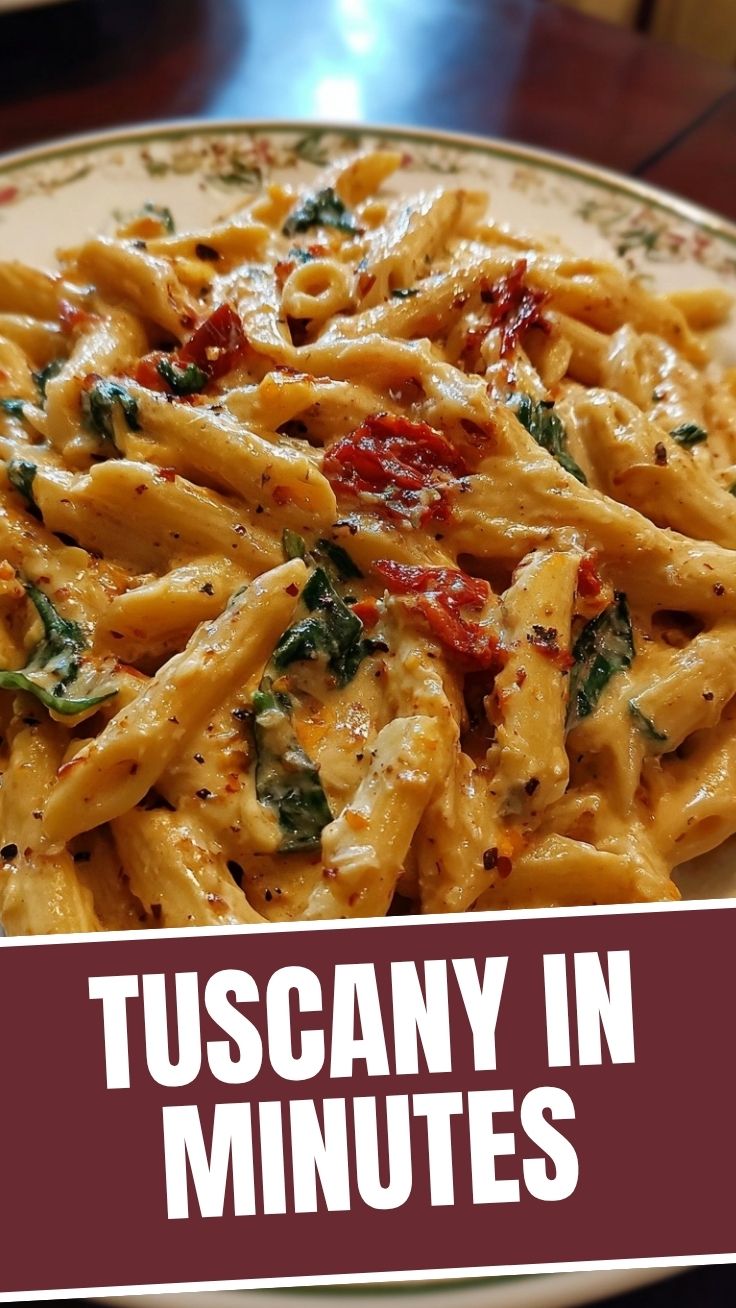 A bowl of creamy Tuscan pasta generously topped with fresh basil and parmesan.
