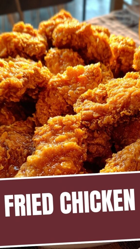 A close-up of crispy fried chicken with golden-brown skin.