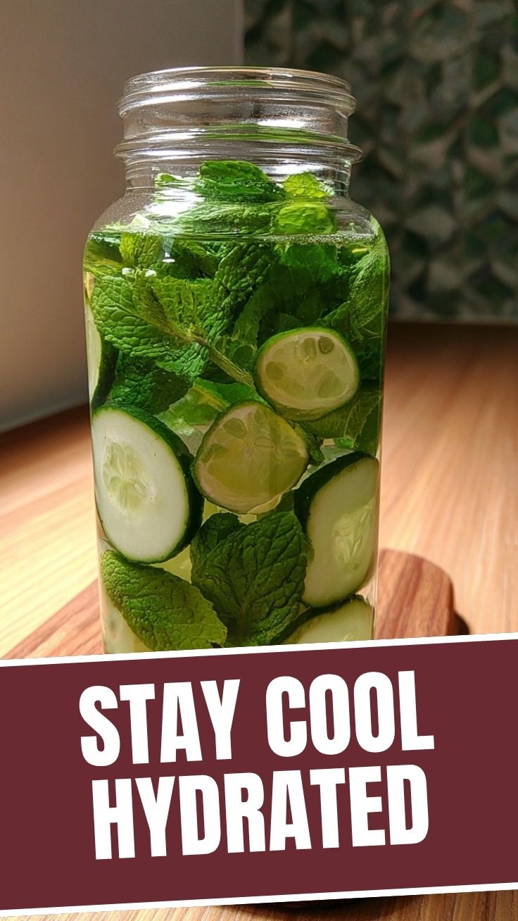 A clear glass pitcher filled with cucumber mint infused water, showing slices of cucumber and fresh mint leaves.