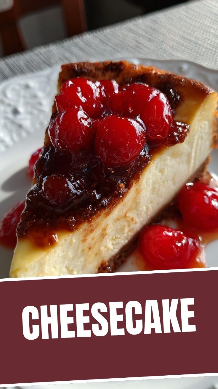 A smooth, creamy cheesecake on a white plate.