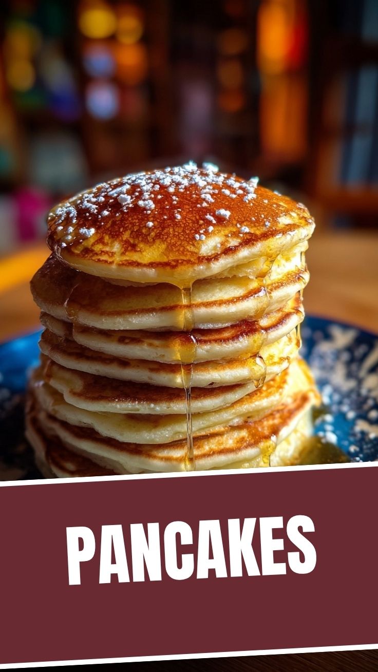 A stack of fluffy pancakes with syrup and berries.