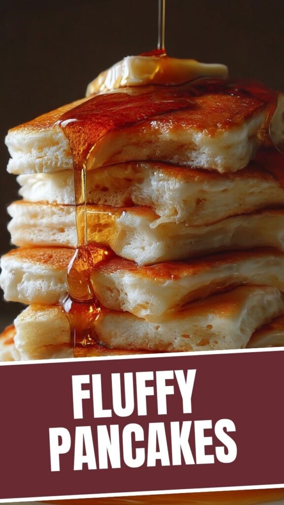 A stack of perfectly golden fluffy pancakes drizzled with syrup.