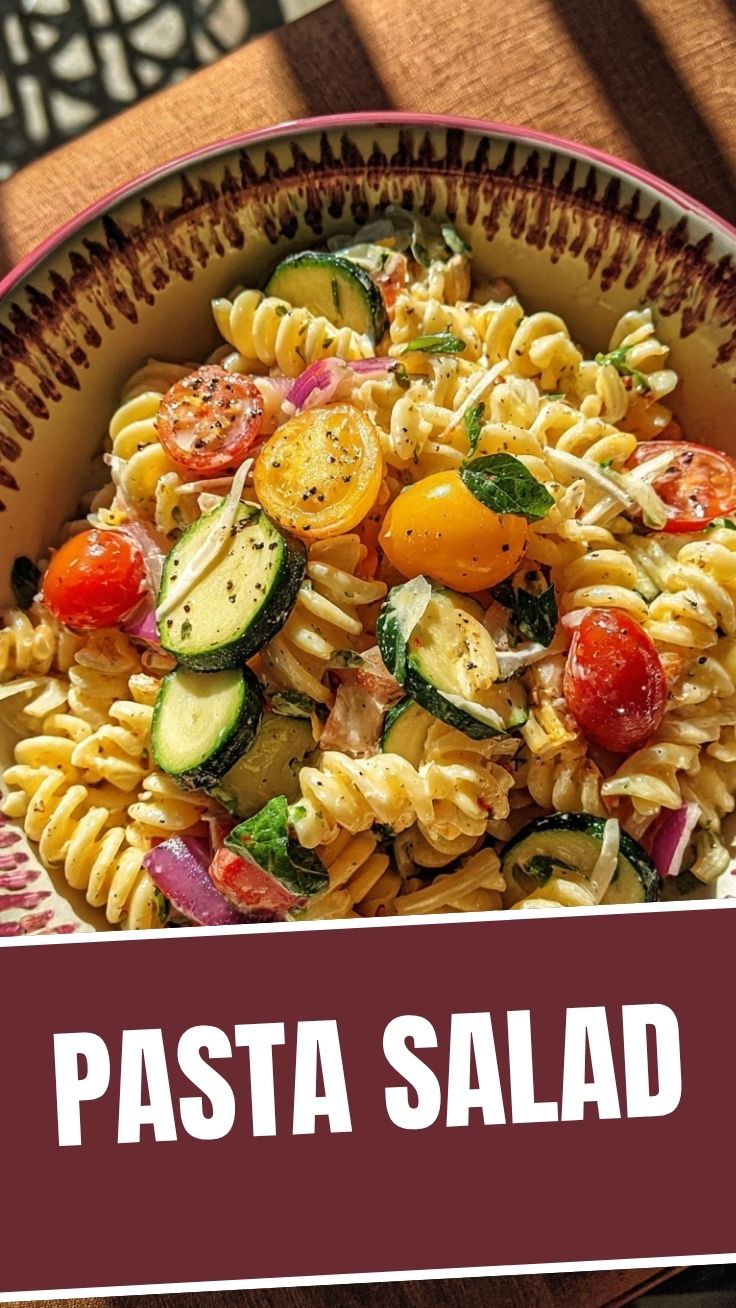 A vibrant pasta salad with fresh vegetables and herbs