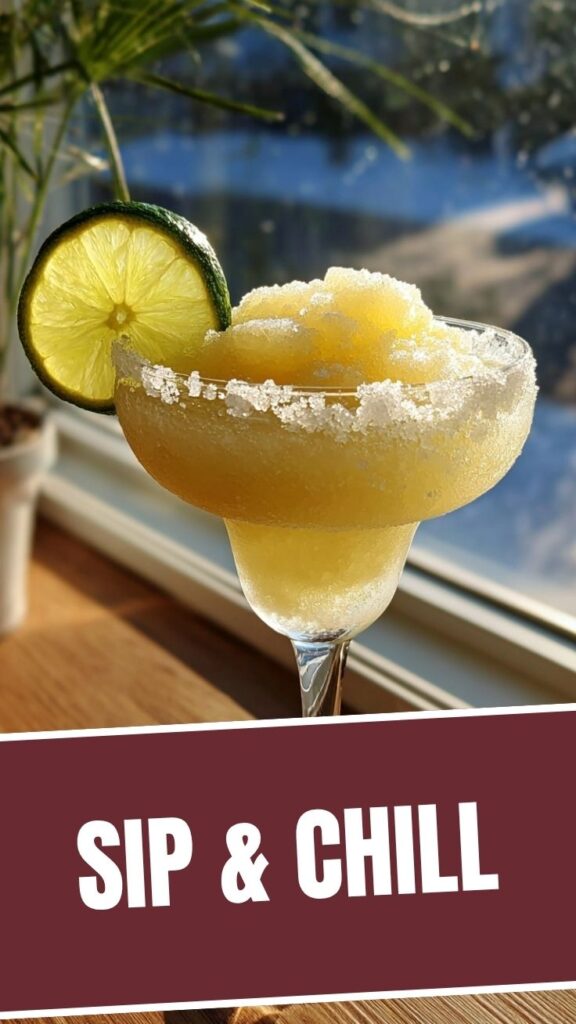 A frosty glass of frozen margarita with a lime wedge garnish