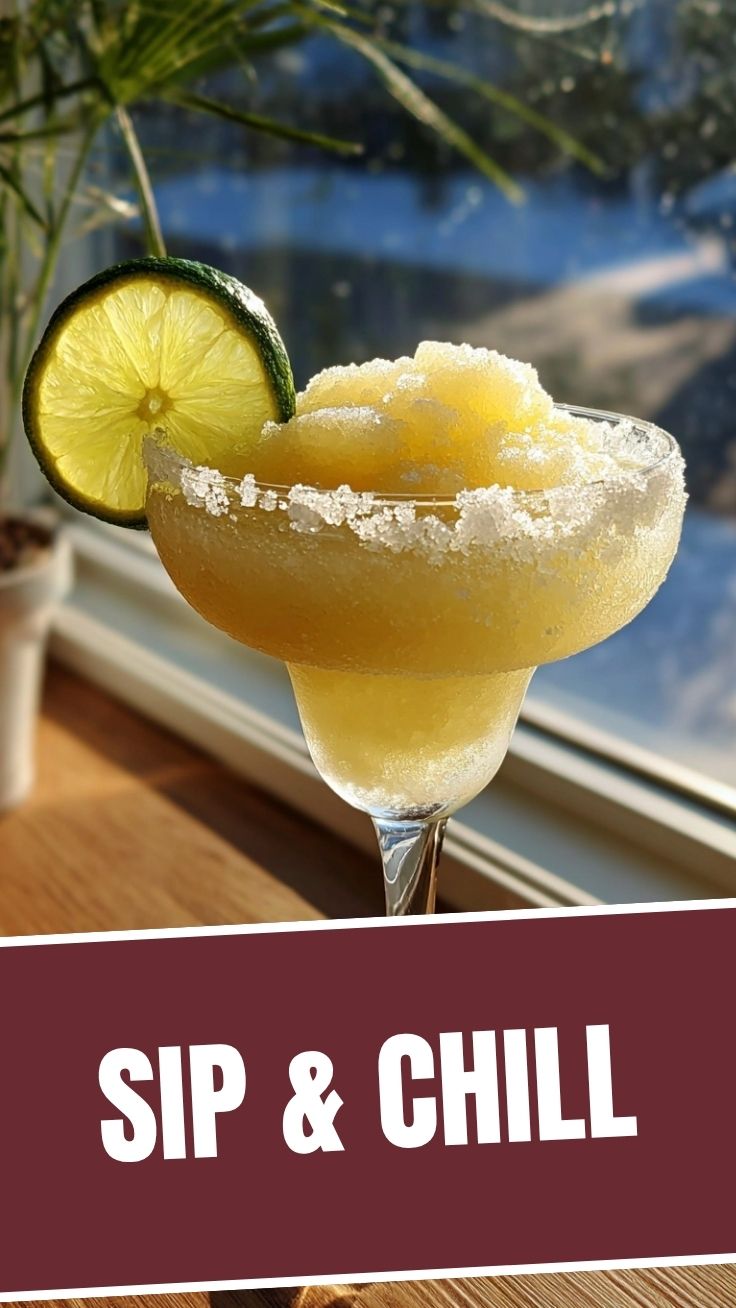 A frosty glass of frozen margarita with a lime wedge garnish