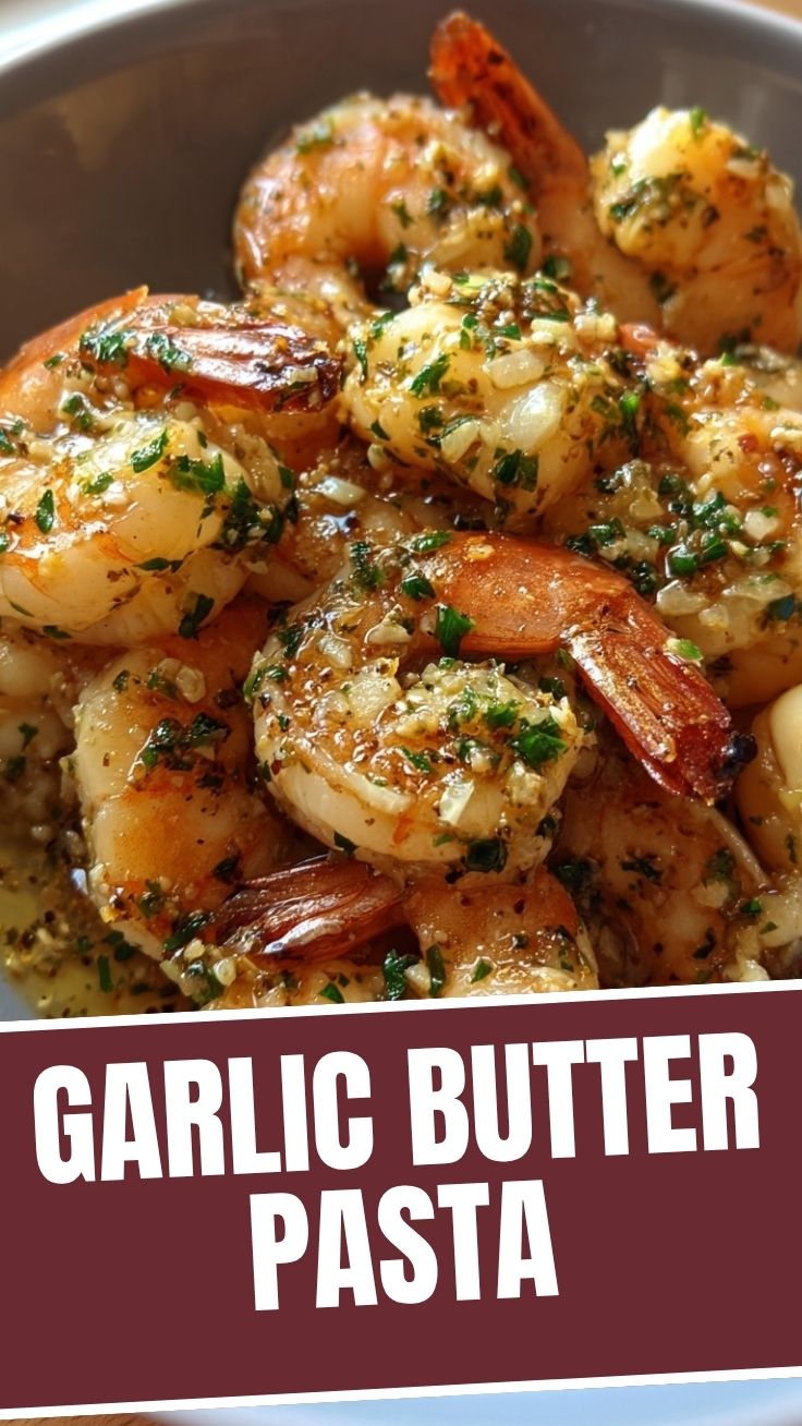 A close-up of delicious garlic butter shrimp, perfectly cooked and glistening.