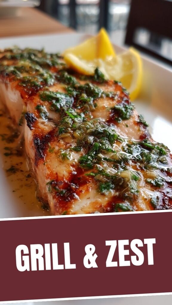 A perfectly grilled salmon fillet seasoned with lemon and herbs